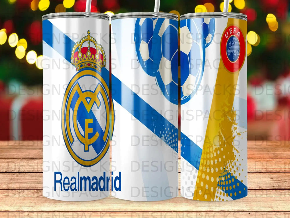 Real Madrid soccer team logo and pattern on a cylindrical tumbler.