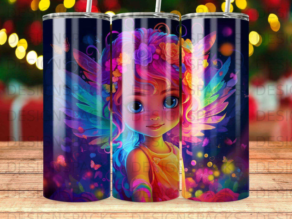 Fantasy fairy girl with colorful wings and glowing hair, surrounded by sparkles.