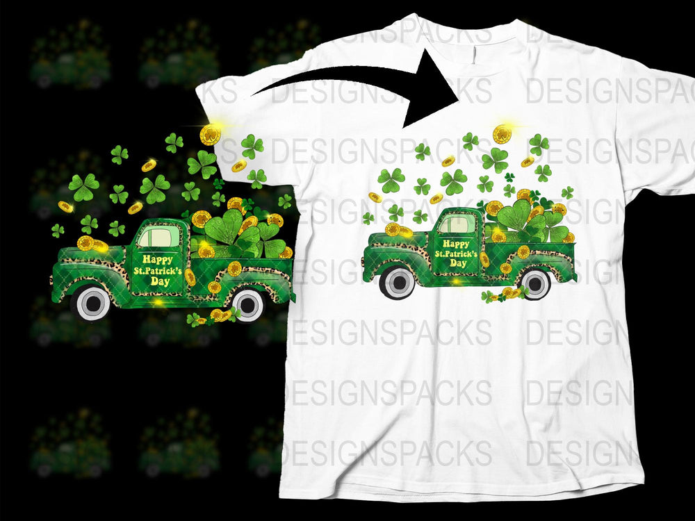 St. Patrick's Day T-Shirt Vintage Truck Design, Lucky Clovers Print, Festive Green Holiday Tee for All Ages