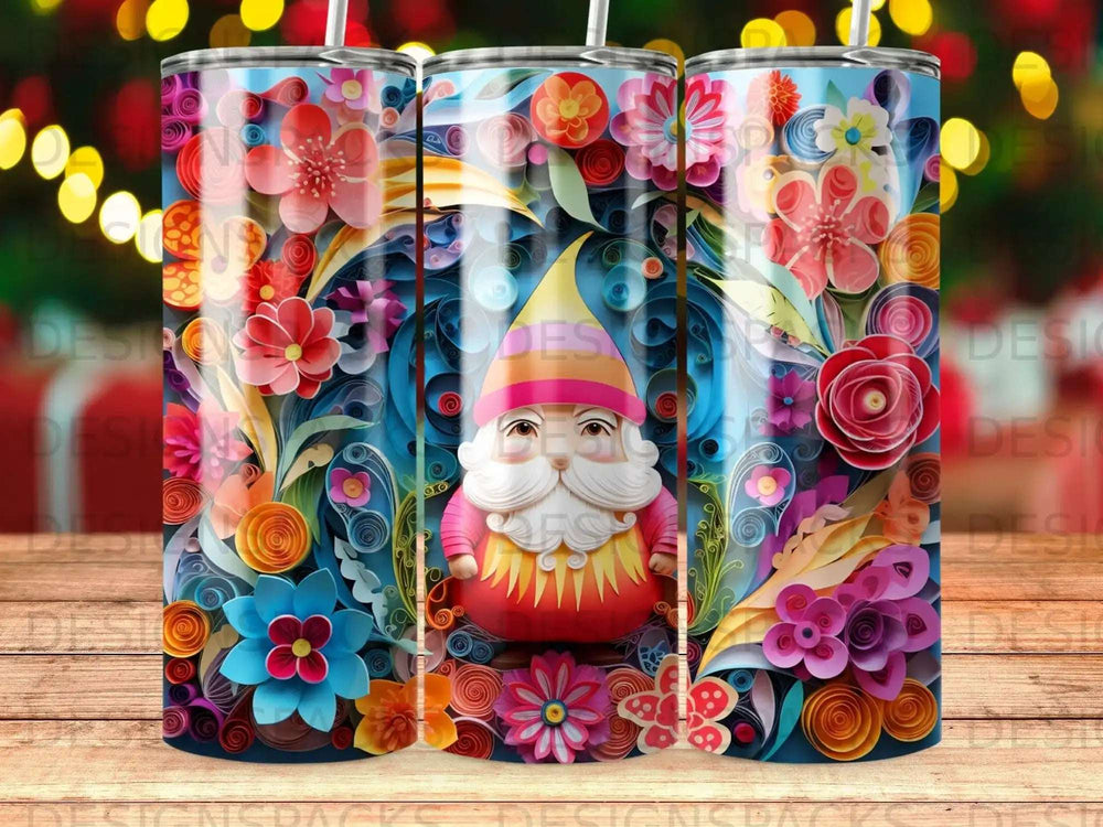 Gnome in colorful floral pattern on a patterned tumbler.