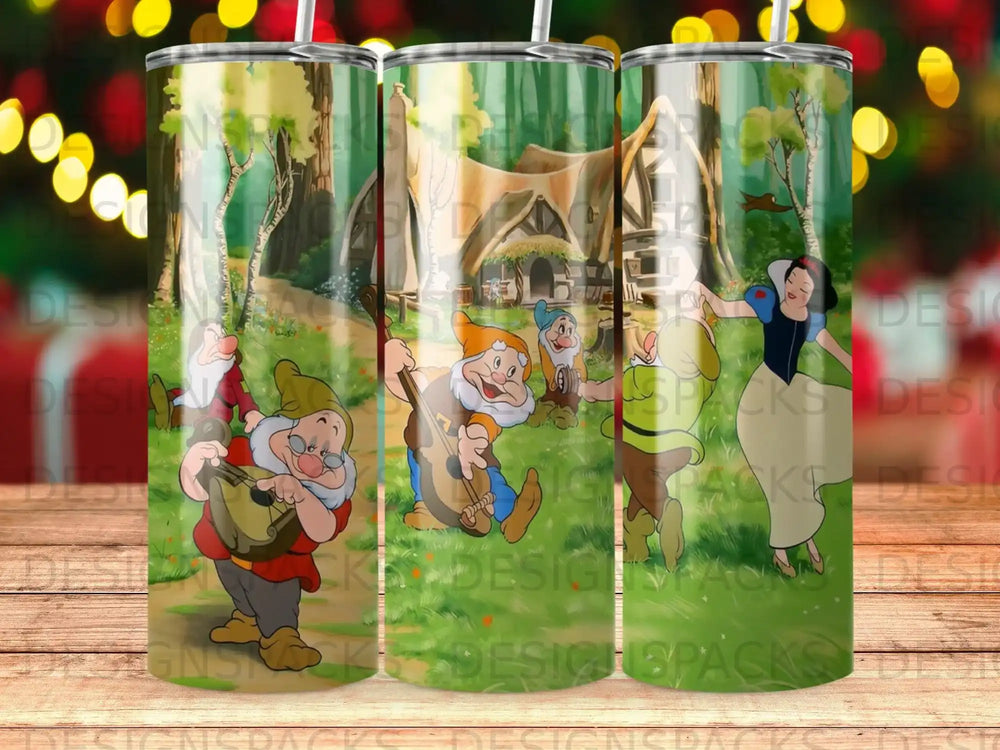 Snow White and the Seven Dwarfs characters on a tumbler design.