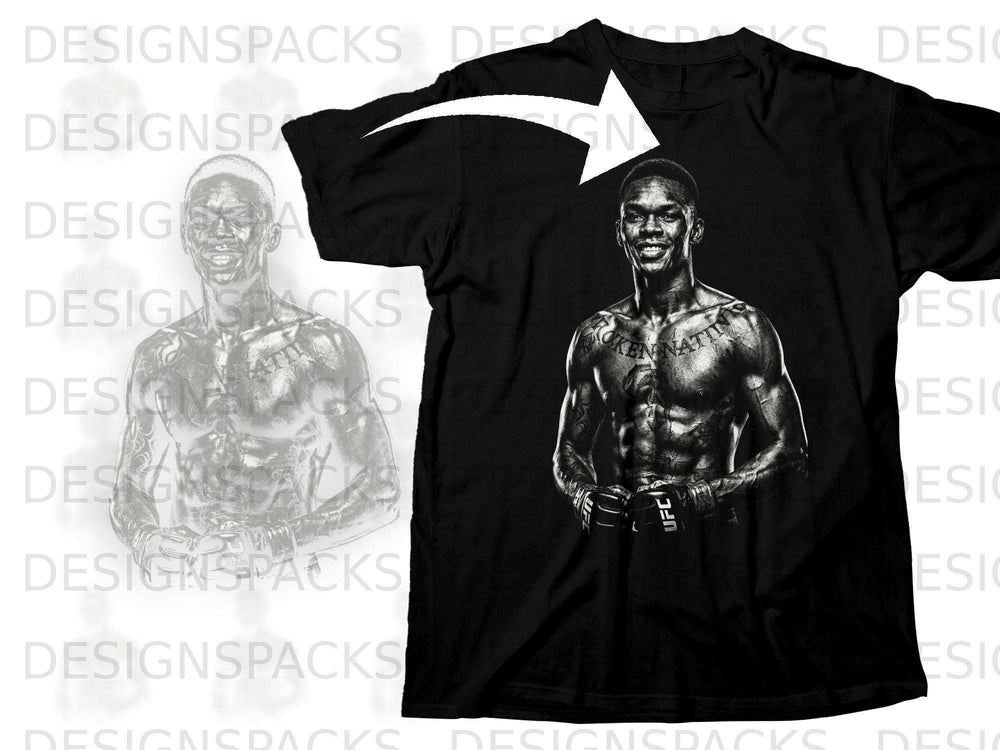 Black t-shirt with a graphic of UFC fighter Israel Adesanya.