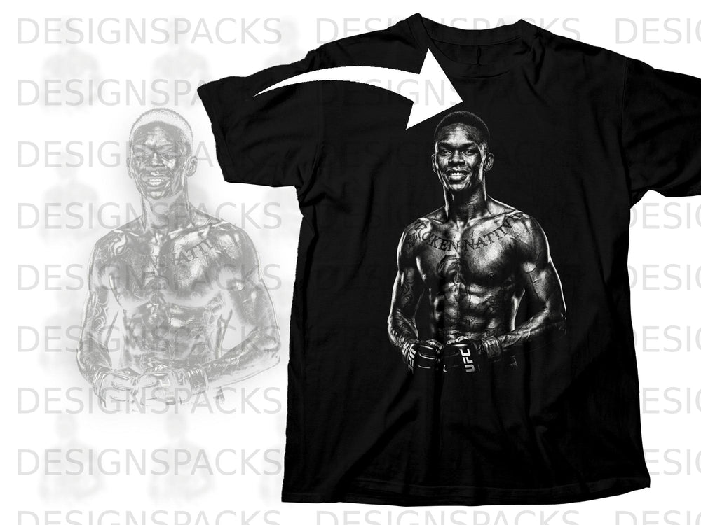 Black t-shirt with a graphic of UFC fighter Israel Adesanya.