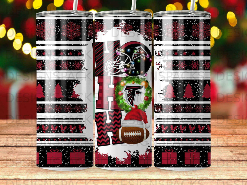 Atlanta Falcons holiday tumbler with football and snowflake designs.