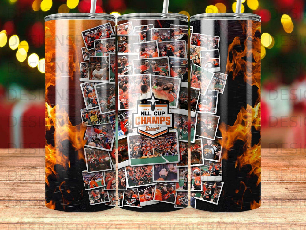 Collage of 2023 NLL Cup Champions Bandits photos on a tumbler with flames.