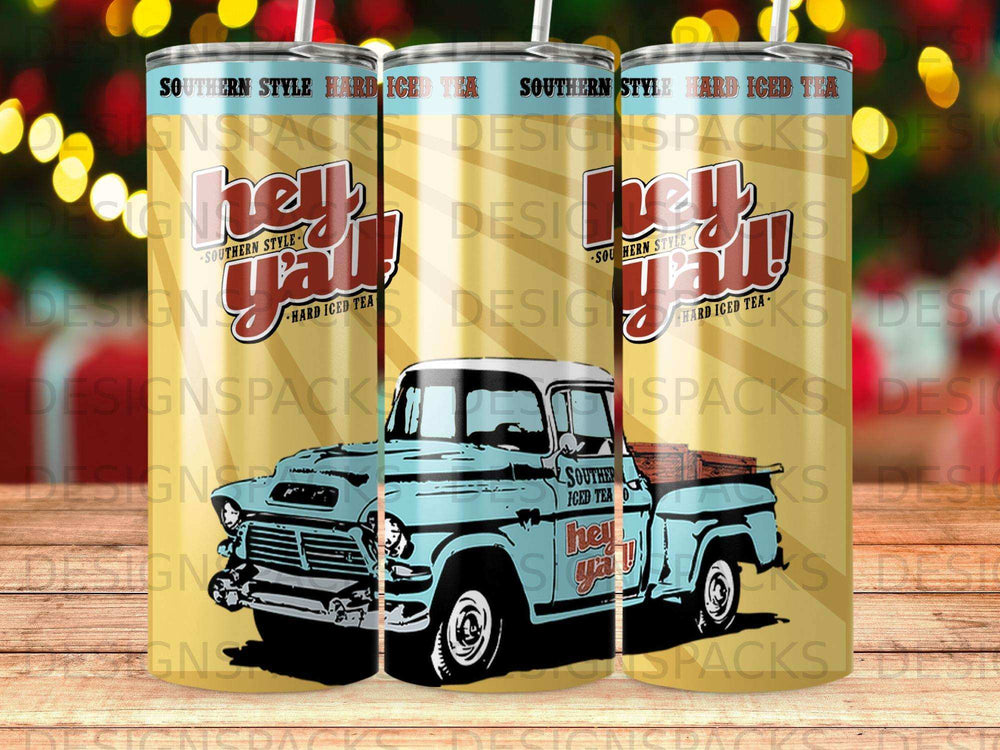 Light blue vintage pickup truck with "Hey Ya!" and "Southern Style Hard Iced Tea" labels.