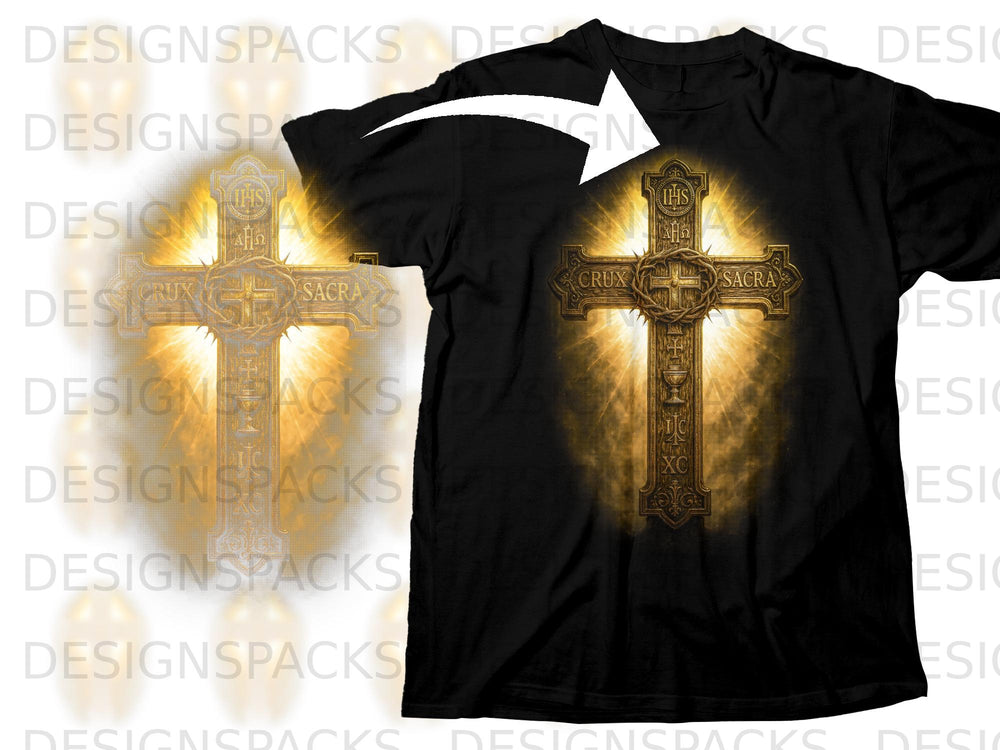 Black t-shirt with a glowing golden cross design featuring "CRUX SACRA" and religious symbols.