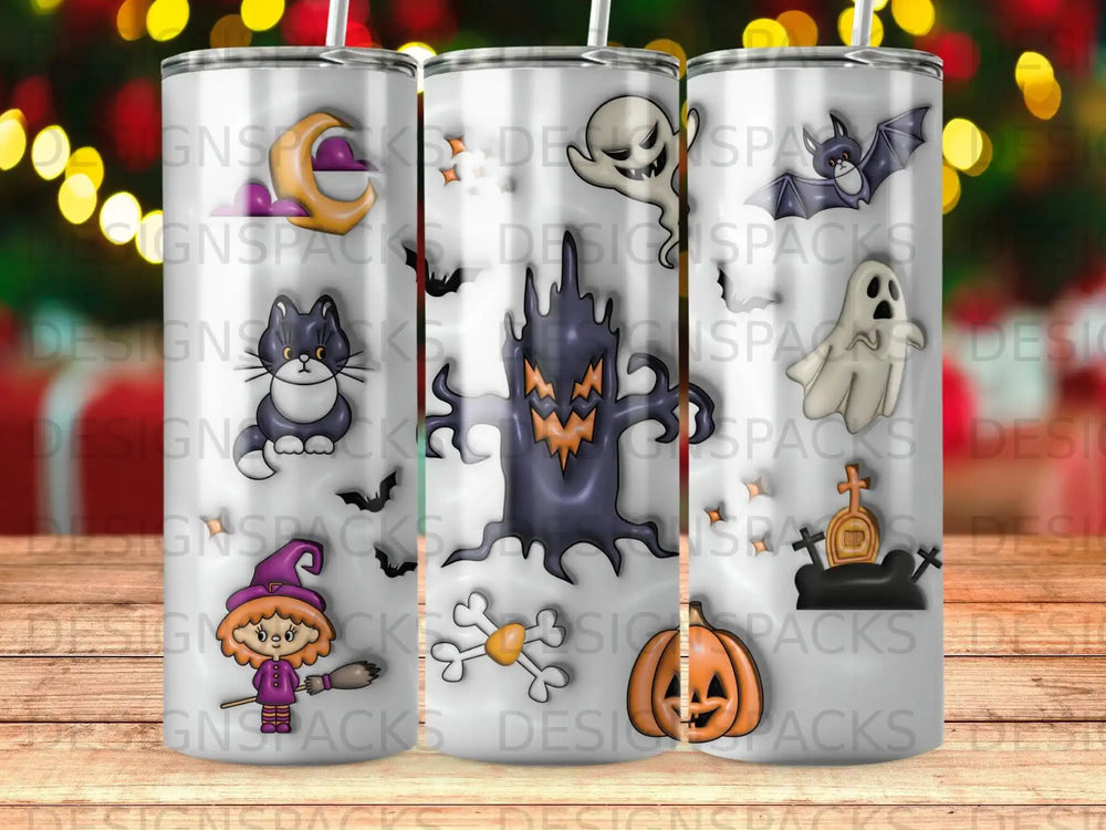 Halloween tumbler designs with ghosts, cat, pumpkin, and spooky tree.