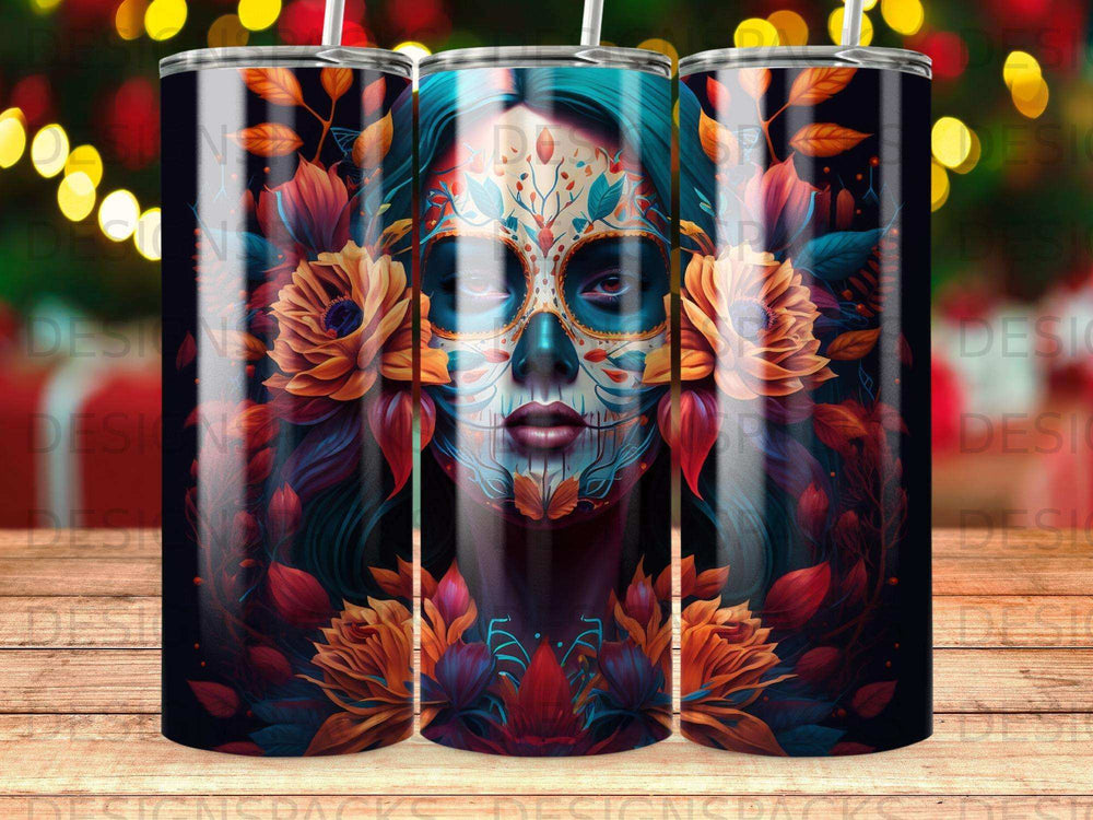 Day of the Dead sugar skull with floral accents on a dark background.