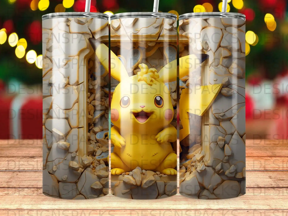 Pikachu emerging from cracked concrete with a stylized Pokémon background.