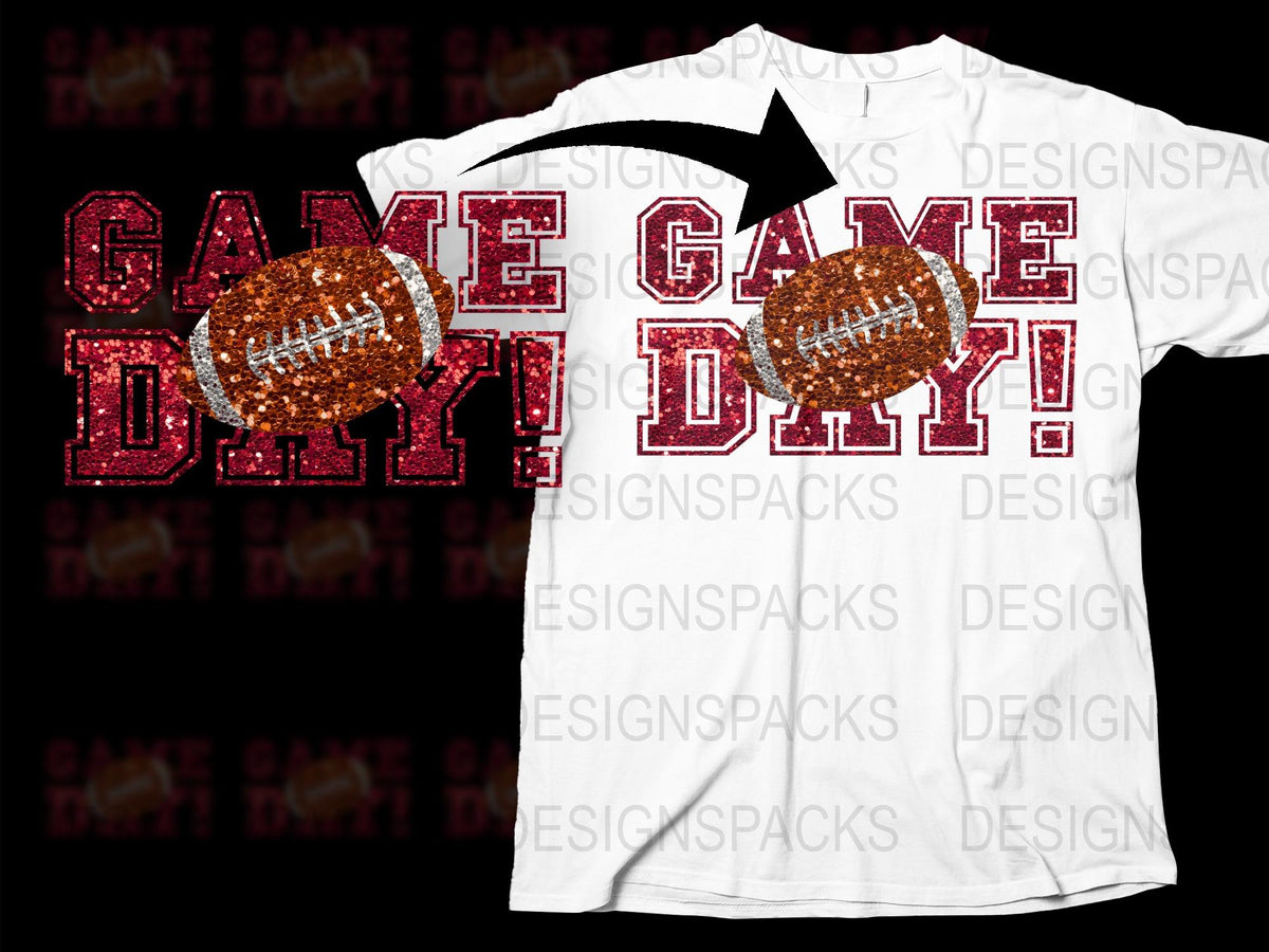 Game Day Football T-Shirt, Red Glitter Text, Sports Fan Apparel, Casual Game Day Outfit, Unisex White Tee