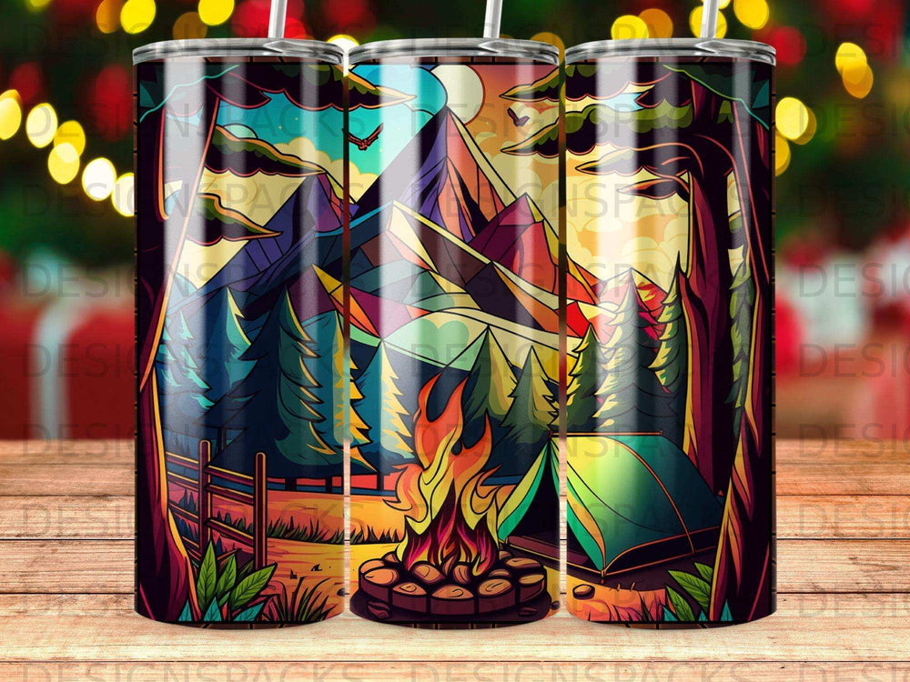 Colorful mountain landscape with campfire and tent, viewed through trees.