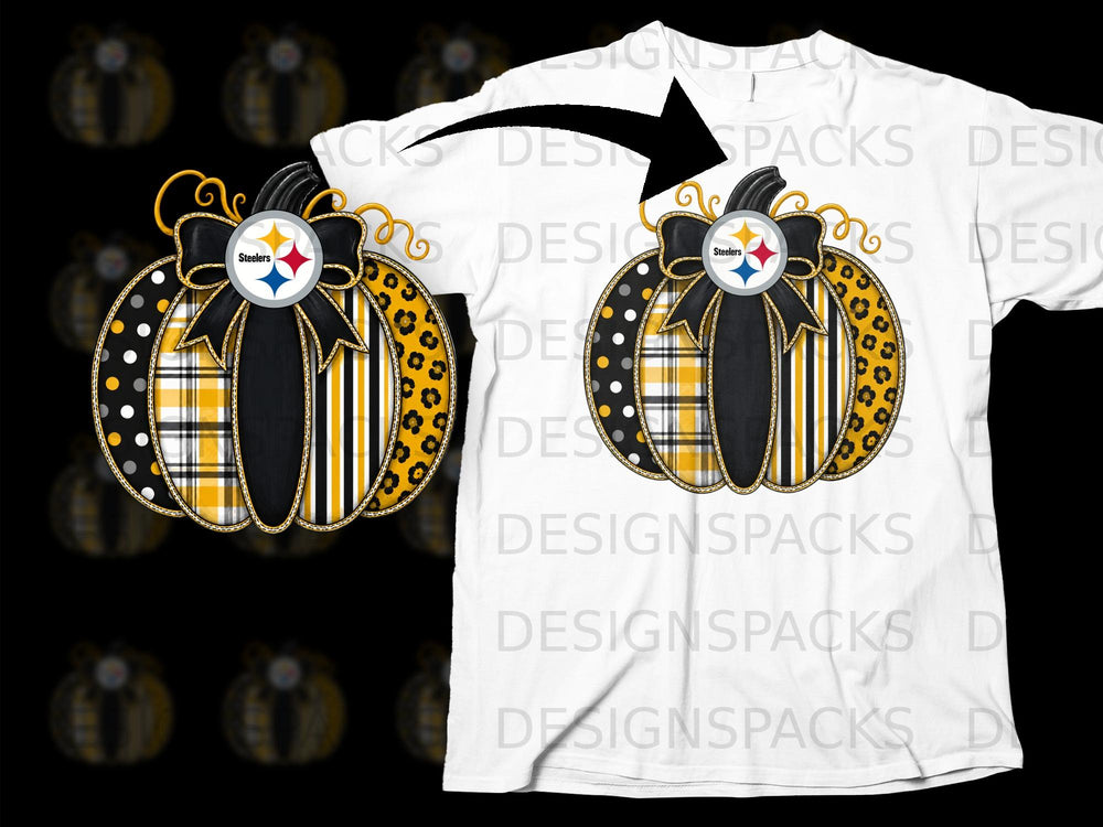 Pittsburgh Steelers pumpkin design with bow and team logo on white t-shirt.