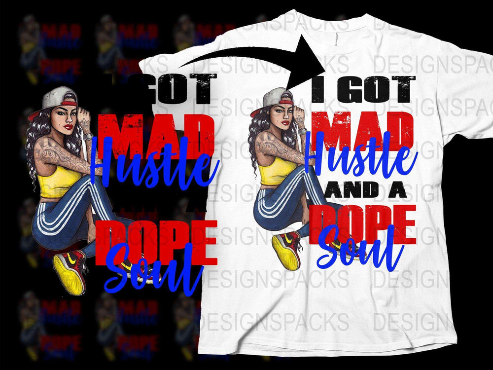 Urban Style T-Shirt with Tattooed Woman Design, 'Mad Hustle Dope Soul' Graphic Tee, Trendy Streetwear Fashion