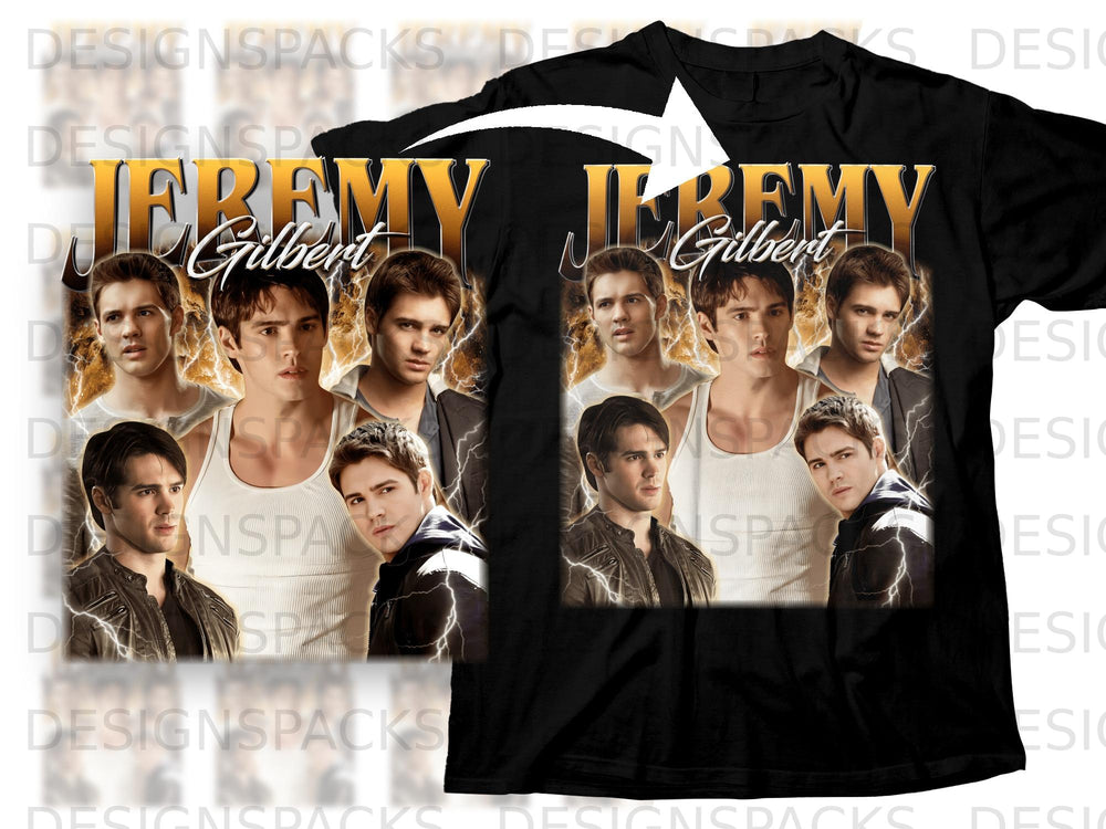 Black t-shirt featuring collage of Jeremy Gilbert and male actors with lightning graphics.