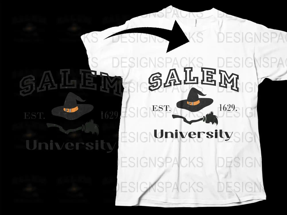 Salem University Witch Design T-Shirt, Vintage Aesthetic, Halloween Apparel, College Style Tee, Unisex Fashion, Gift Idea