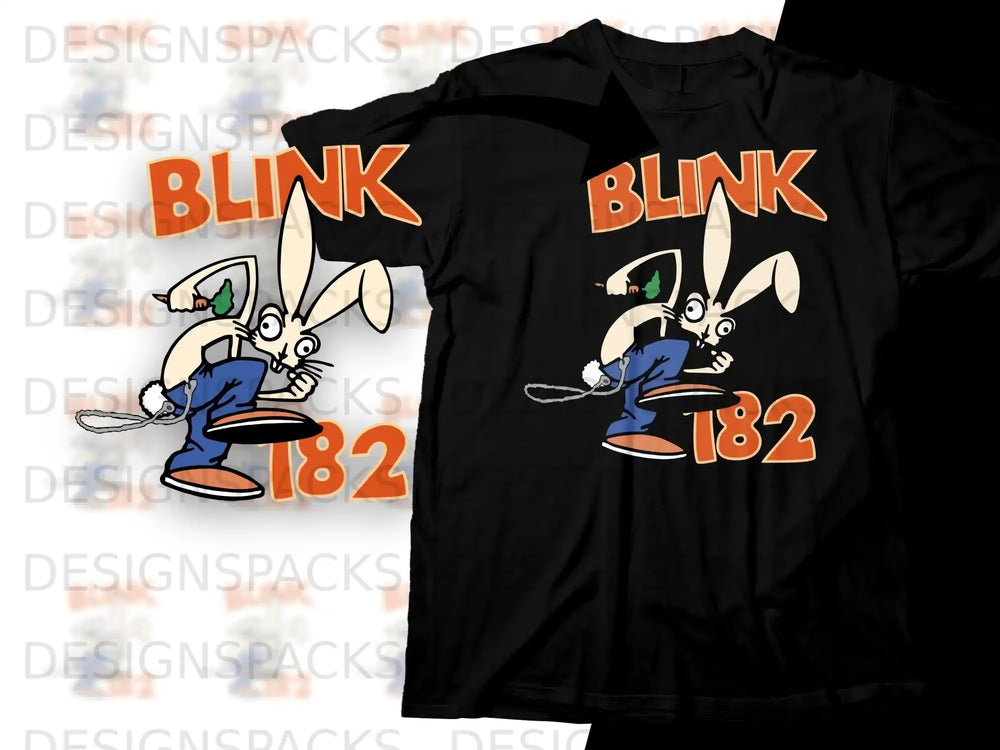 Cartoon rabbit in sunglasses with "BLINK 182" text.