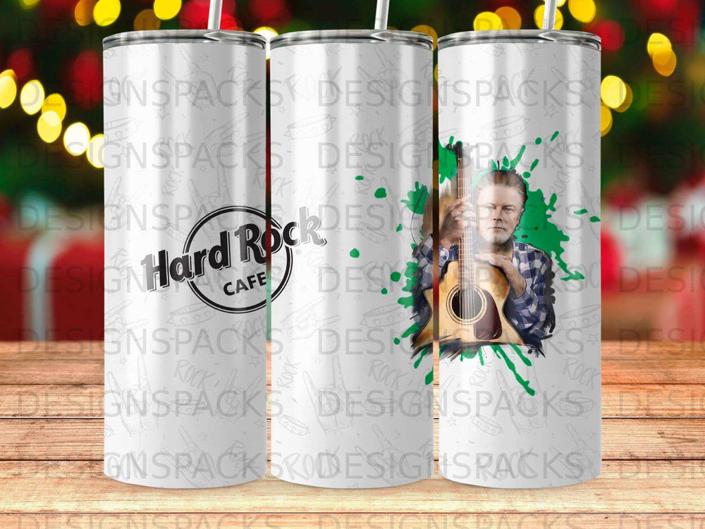 Hard Rock Cafe guitar tumbler with man playing guitar graphic.