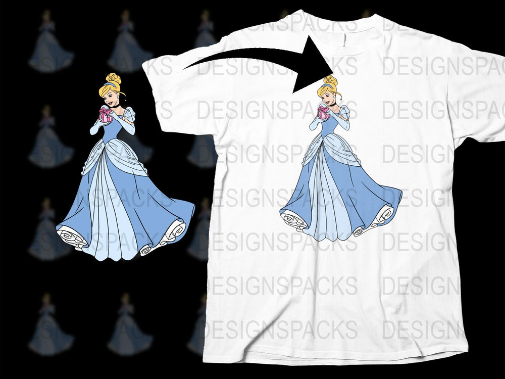 Cinderella Princess Graphic T-Shirt, Blue Ball Gown Cartoon Character, Kids and Adult Sizes