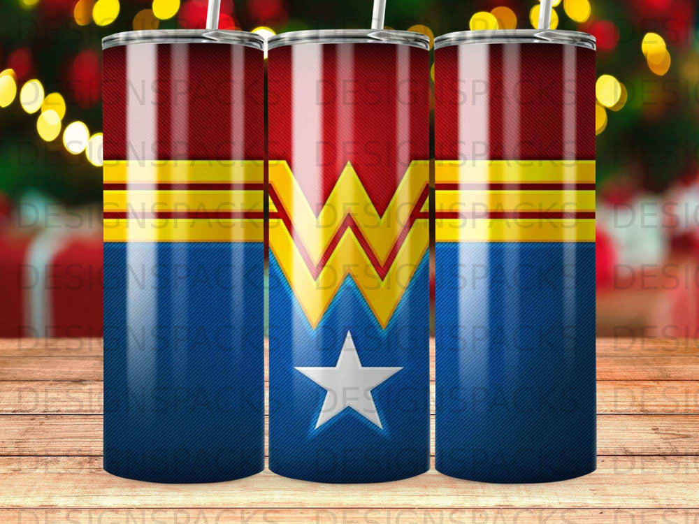 Wonder Woman tumbler with gold "W" logo and star on blue background.