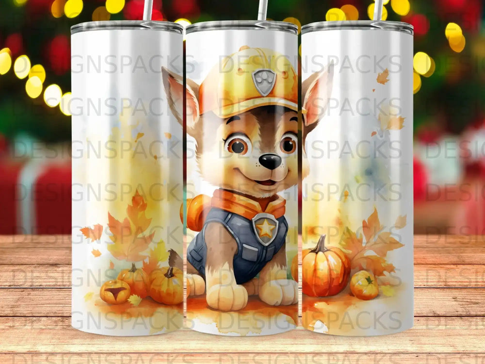 Cartoon puppy in a vest and hat with pumpkins and autumn leaves.