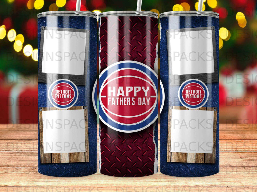 Detroit Pistons happy Father's Day tumbler with red diamond plate pattern.