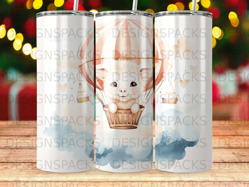 Pig in hot air balloon with clouds, "DESIGNSPACKS" watermark.