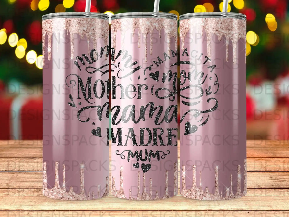 "Mama" and "Mum" text on a glittery pink tumbler with sparkle accents.