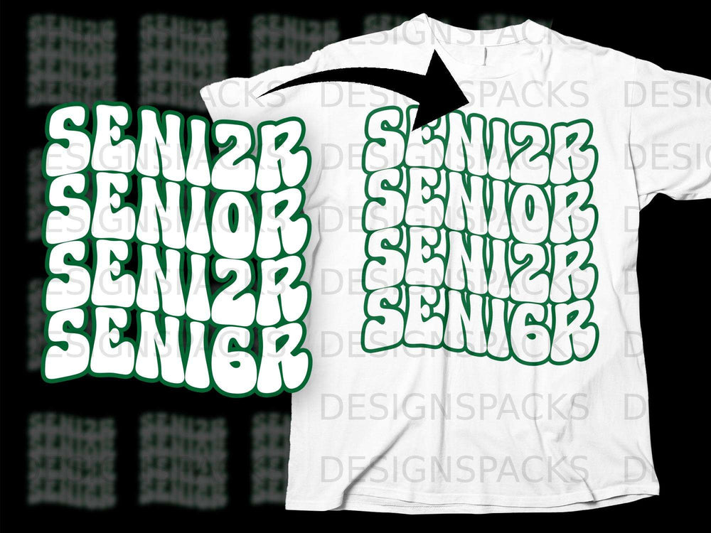 White t-shirt mockup featuring green wavy "SENIOR" text repeating four times.