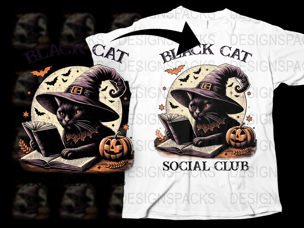 Halloween Black Cat T-Shirt, Witch Hat Pumpkin Graphic Tee, Fall Festival Clothing, Unisex Adult Sizes