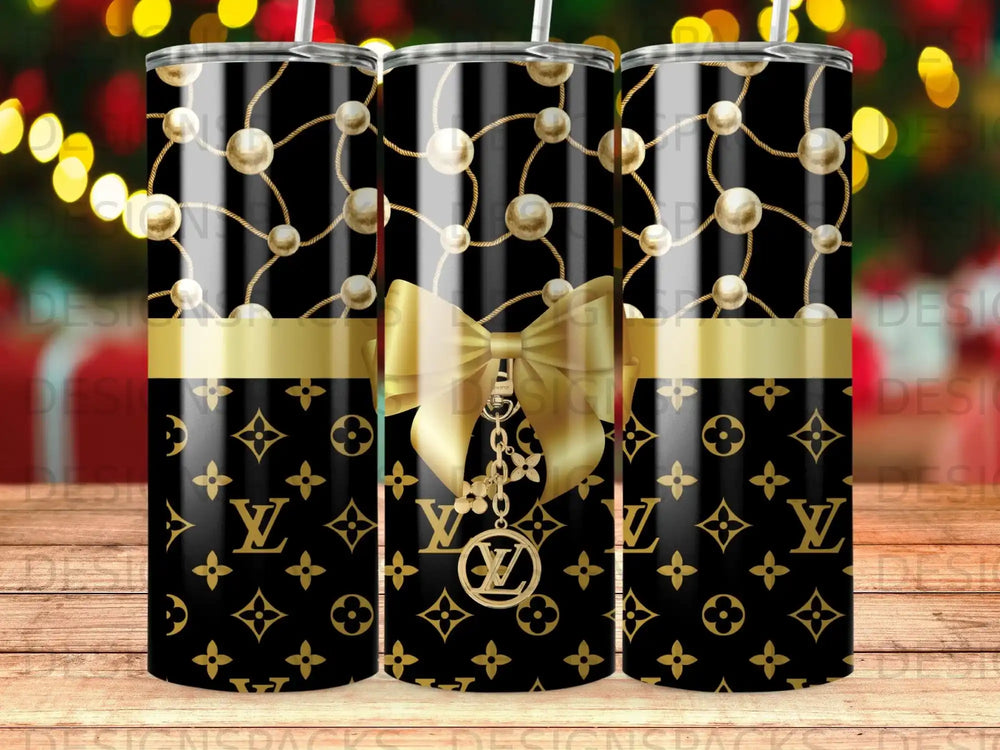 Black Gold Chain Pattern Bead Detail Bow LV Monogram Tumbler product type