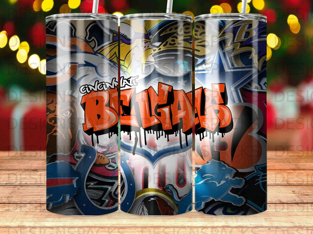Cincinnati Bengals logo with abstract graffiti art on a tumbler.