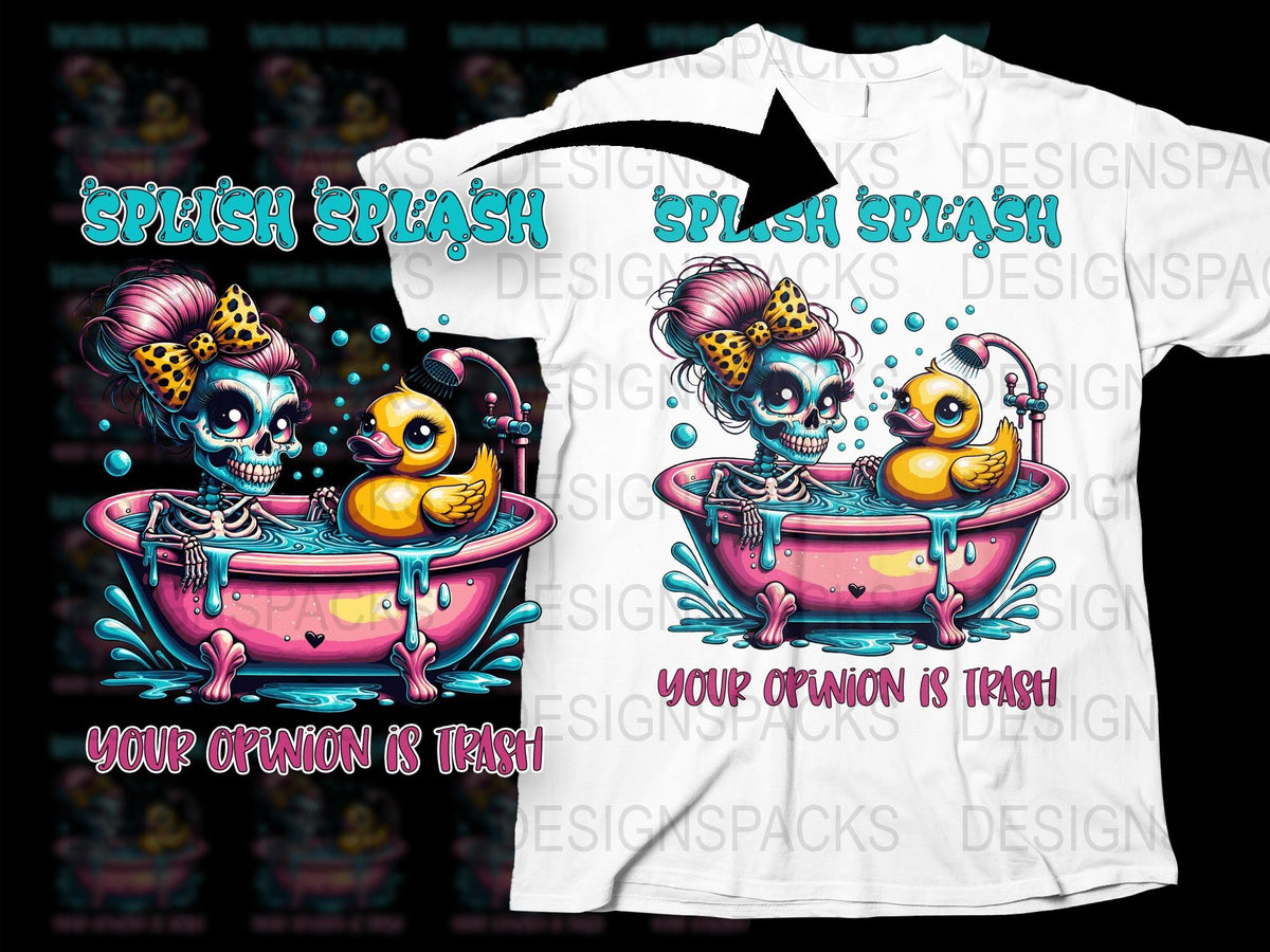 Colorful Gothic Skeleton Bath T-Shirt, Funny Splish Splash Your Opinion is Trash, Skull Graphic Tee