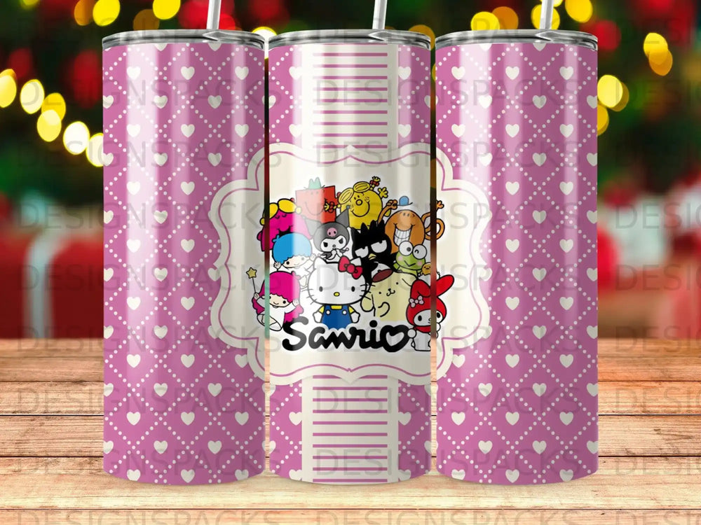 Pink tumbler with Hello Kitty and friends pattern.