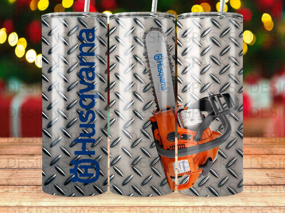 Husqvarna chainsaw with diamond plate pattern on tumbler.
