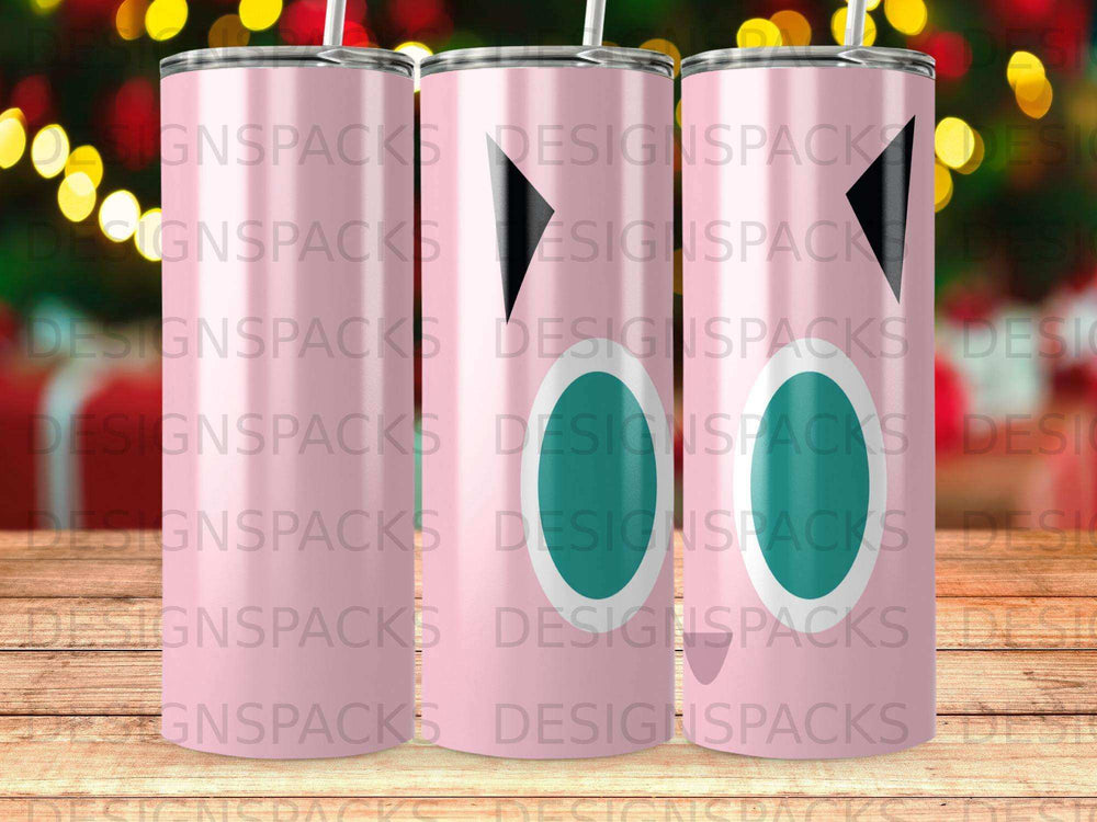 Pink tumbler with a repeating pattern of a cartoon character's face.