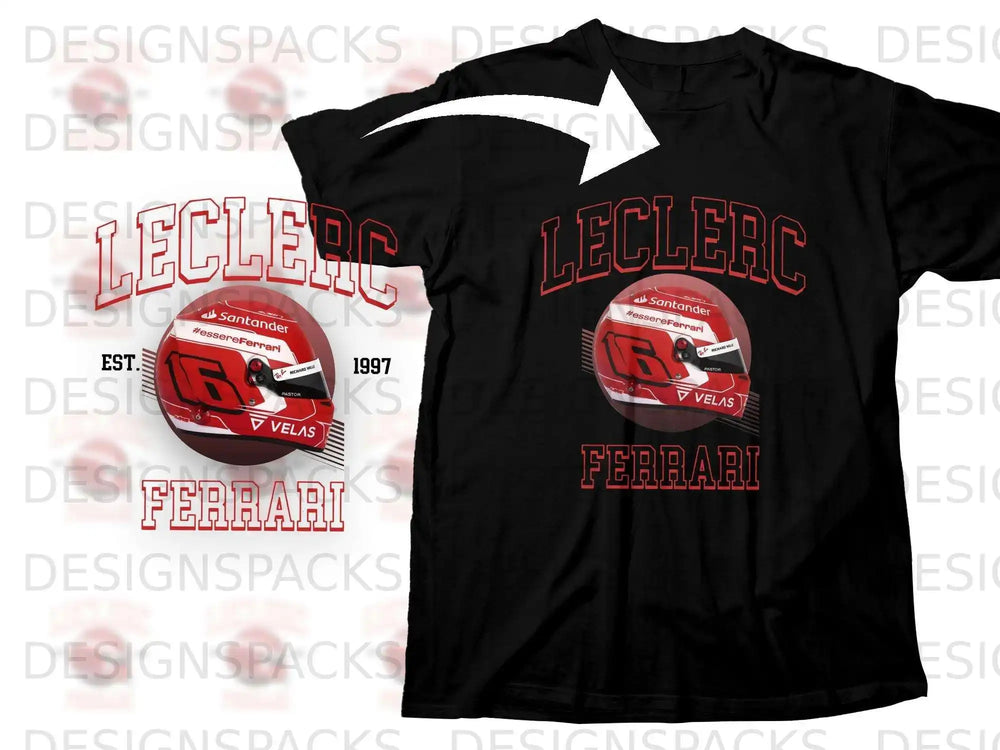 Black t-shirt with Leclerc and Ferrari branding and a racing helmet graphic.