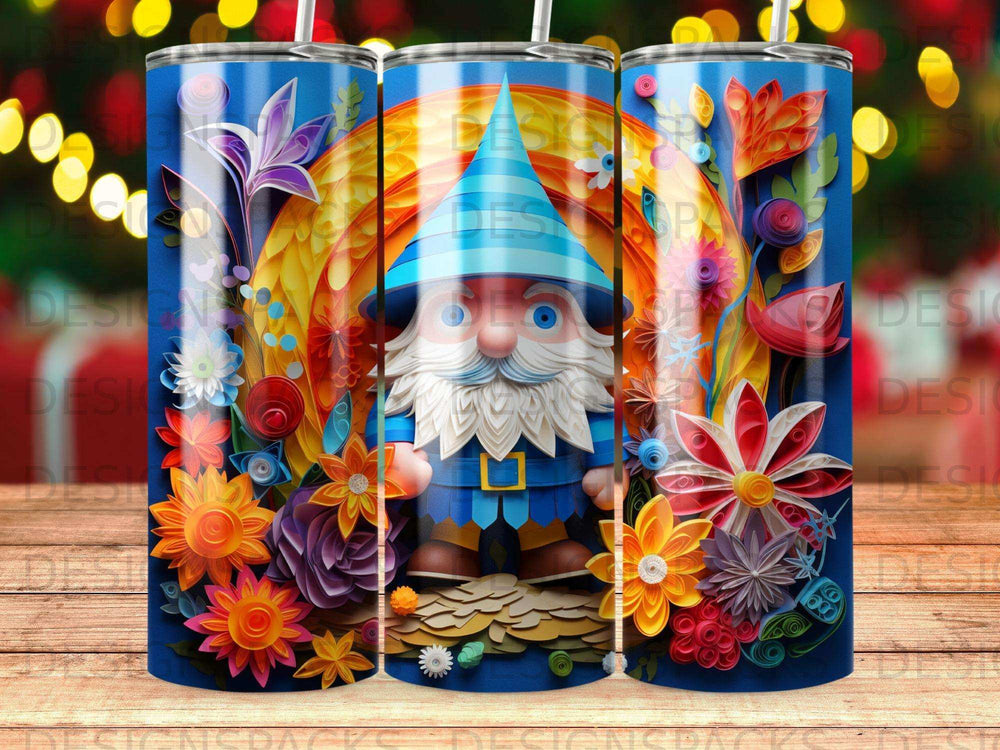 Gnome with flowers and colorful papercraft background on a blue tumbler.