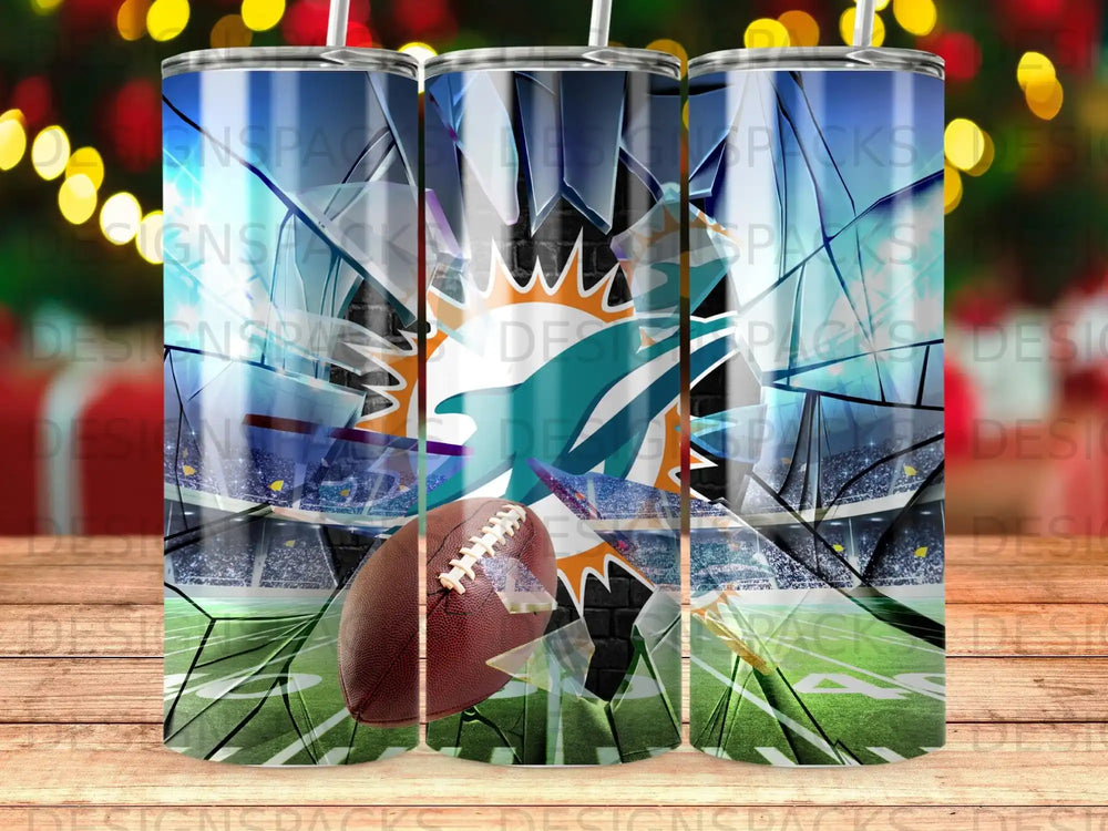 Miami Dolphins logo shattering with football and stadium background.