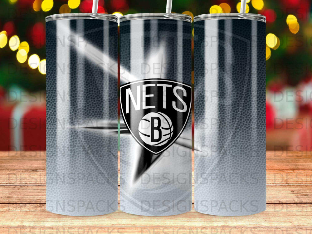 Brooklyn Nets logo on a black and white patterned tumbler.