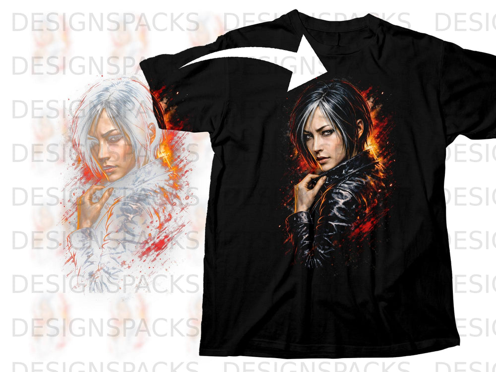 Black t-shirt featuring a digital illustration of a woman with dark hair and flames.