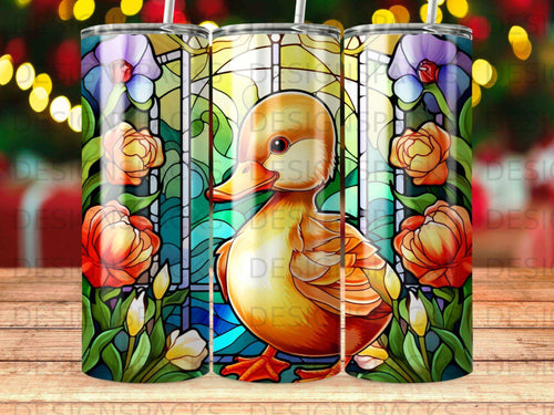 Stained glass design with a duckling and floral accents.
