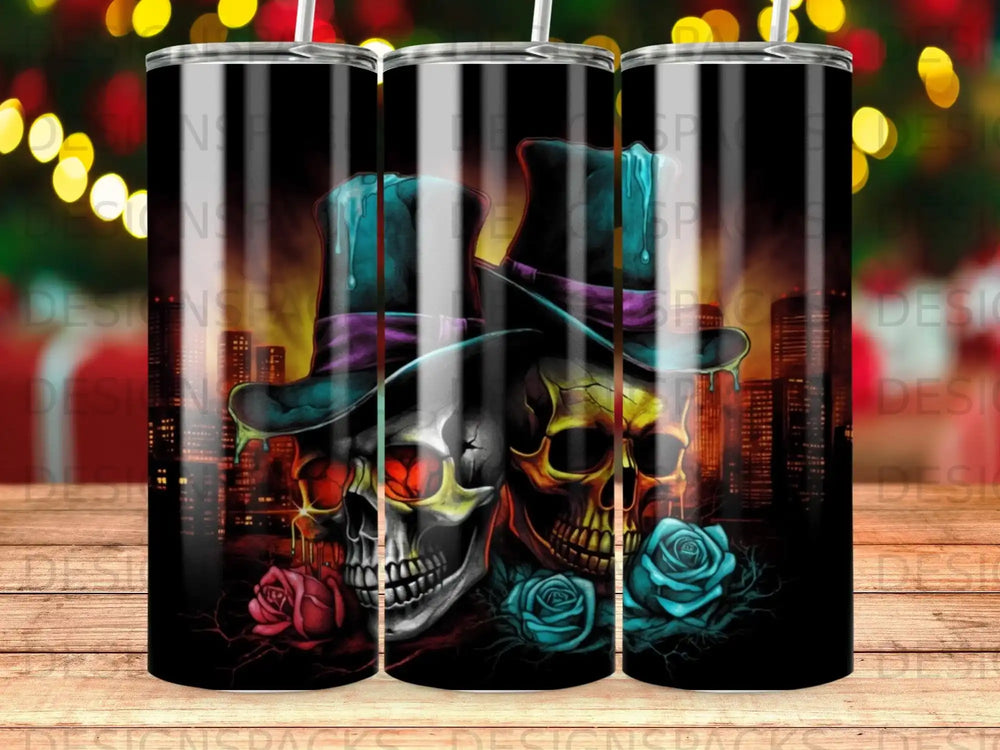 Two skulls wearing top hats with roses in front of a city skyline.