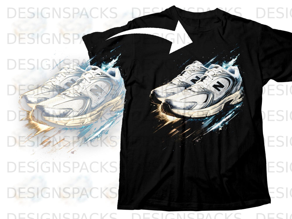 Black t-shirt featuring a graphic of white athletic shoes with abstract paint splatters.