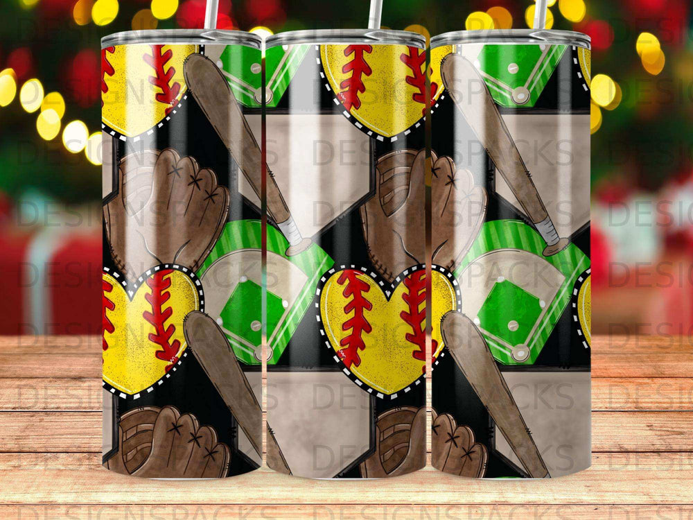 Baseball heart pattern on a tumbler with bats and gloves.