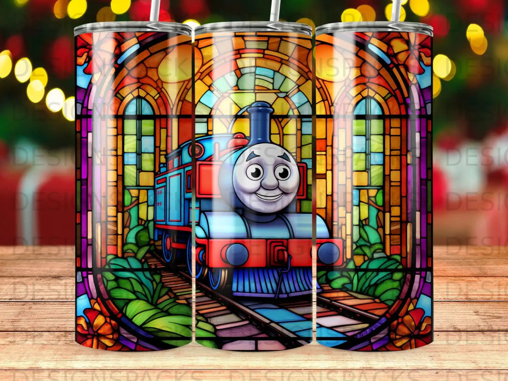 Thomas the Tank Engine with stained glass windows and colorful floral accents.