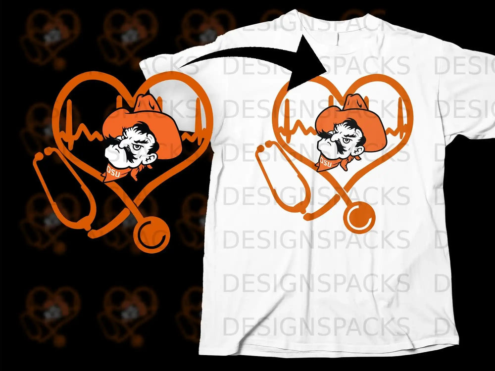 OSU Cowboy Heartbeat Design T-Shirt with Stethoscope Image