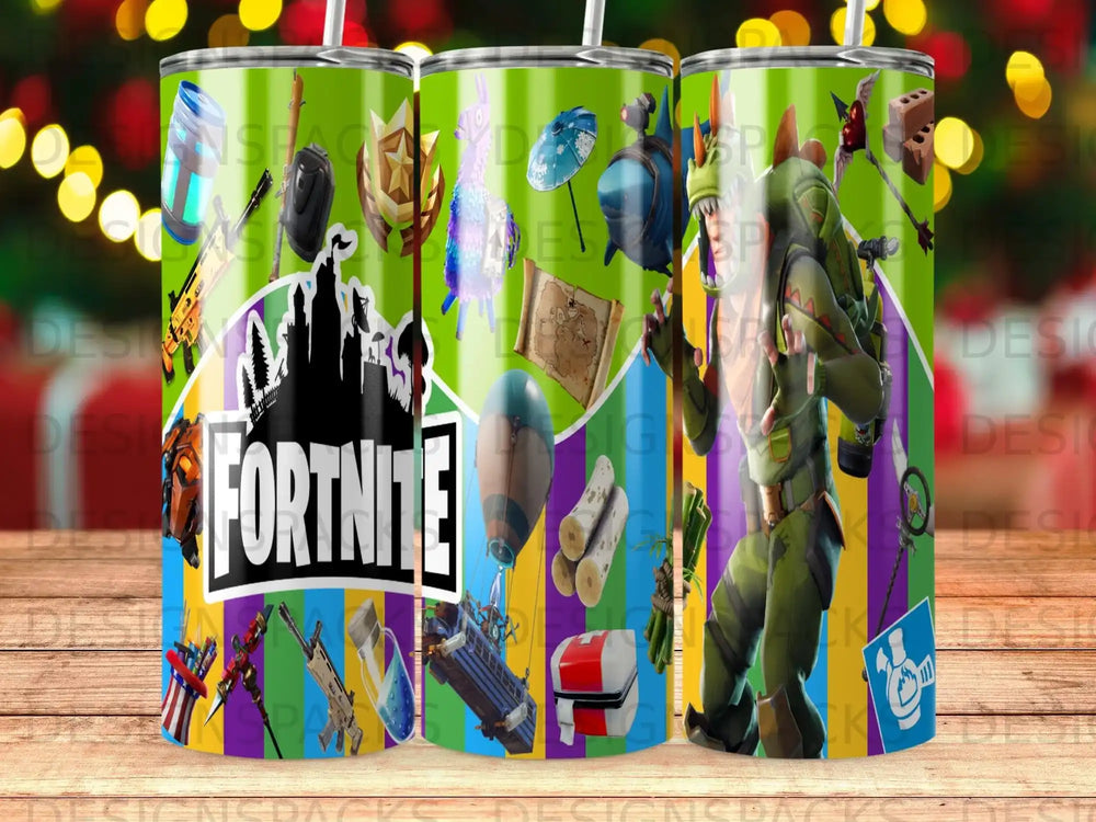 Fortnite characters and game elements on a green tumbler.