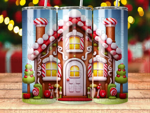 Gingerbread house with candy decorations and Christmas lights background.