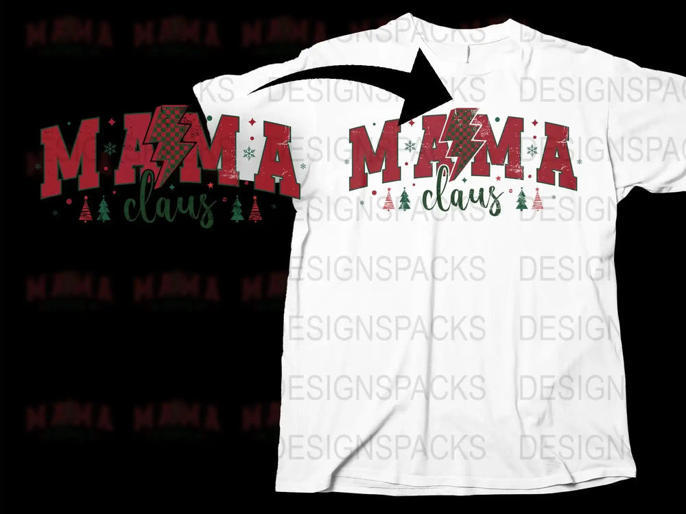 Mama Claus Christmas T-Shirt, Festive Holiday Tee, Women's Xmas Shirt with Trees and Snowflakes Design